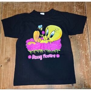 1998 Looney Tunes Vtg Tweety Bird Womens Lrg T-Shirt Black Pink Buzzy Flowers